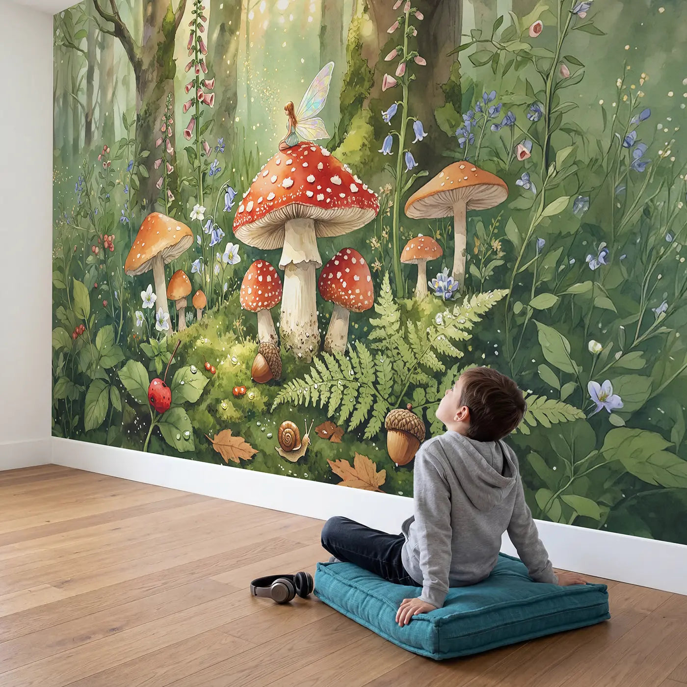 Child in nursery with Fairy on Mushroom Cap Wallpaper Mural by Whimsy Tots