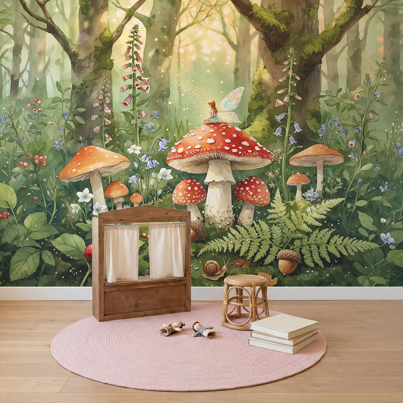 Fairy on Mushroom Cap Wallpaper Mural in playroom setting by Whimsy Tots
