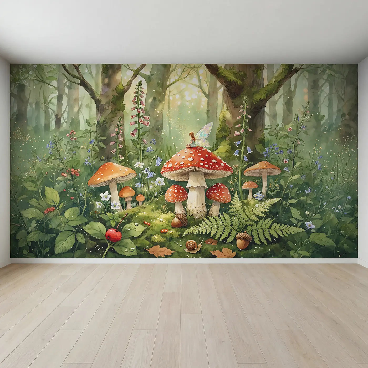 Full view of Fairy on Mushroom Cap Wallpaper Mural by Whimsy Tots