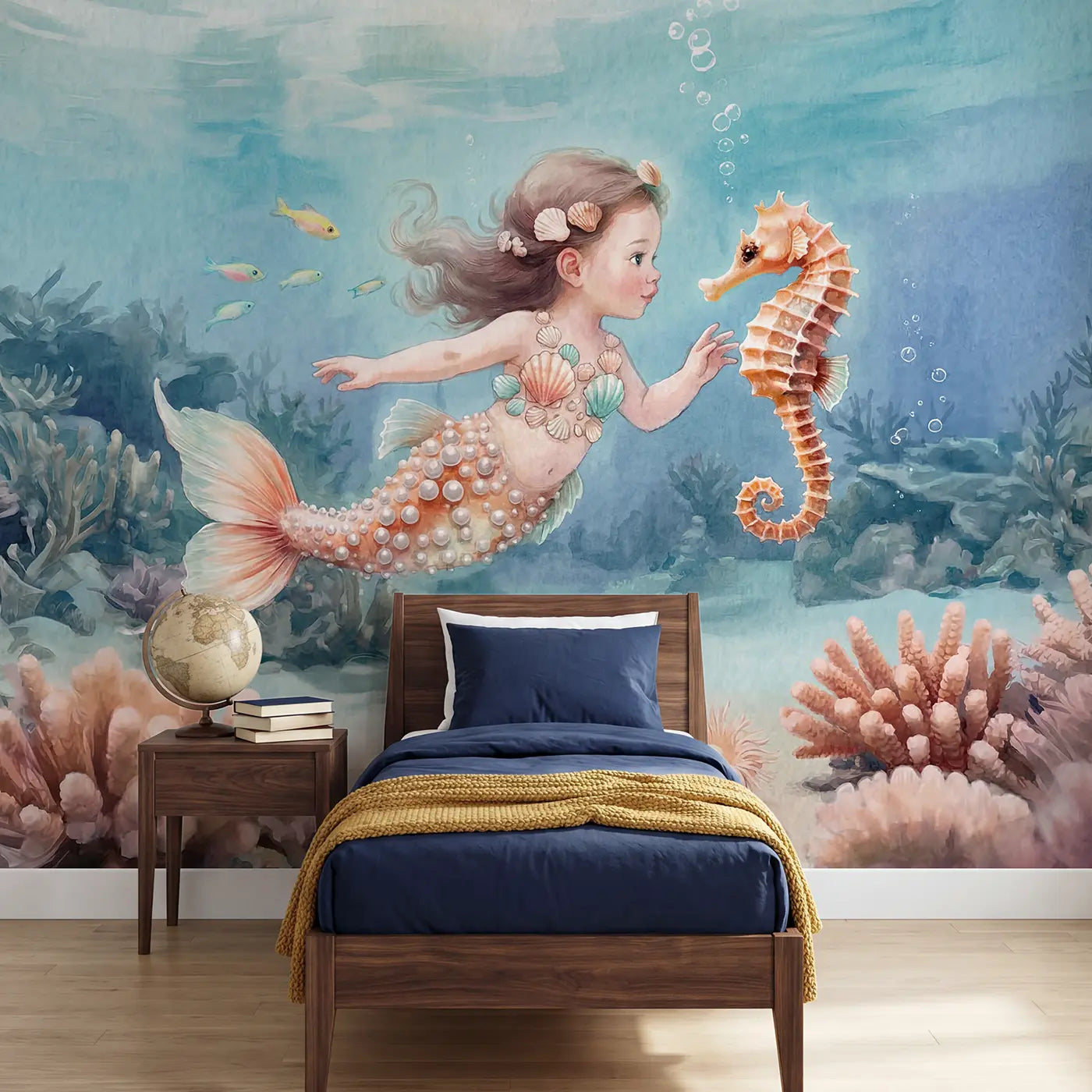 Soft Pastel mermaid seahorse companions wallpaper mural for kids room by Whimsy Tots