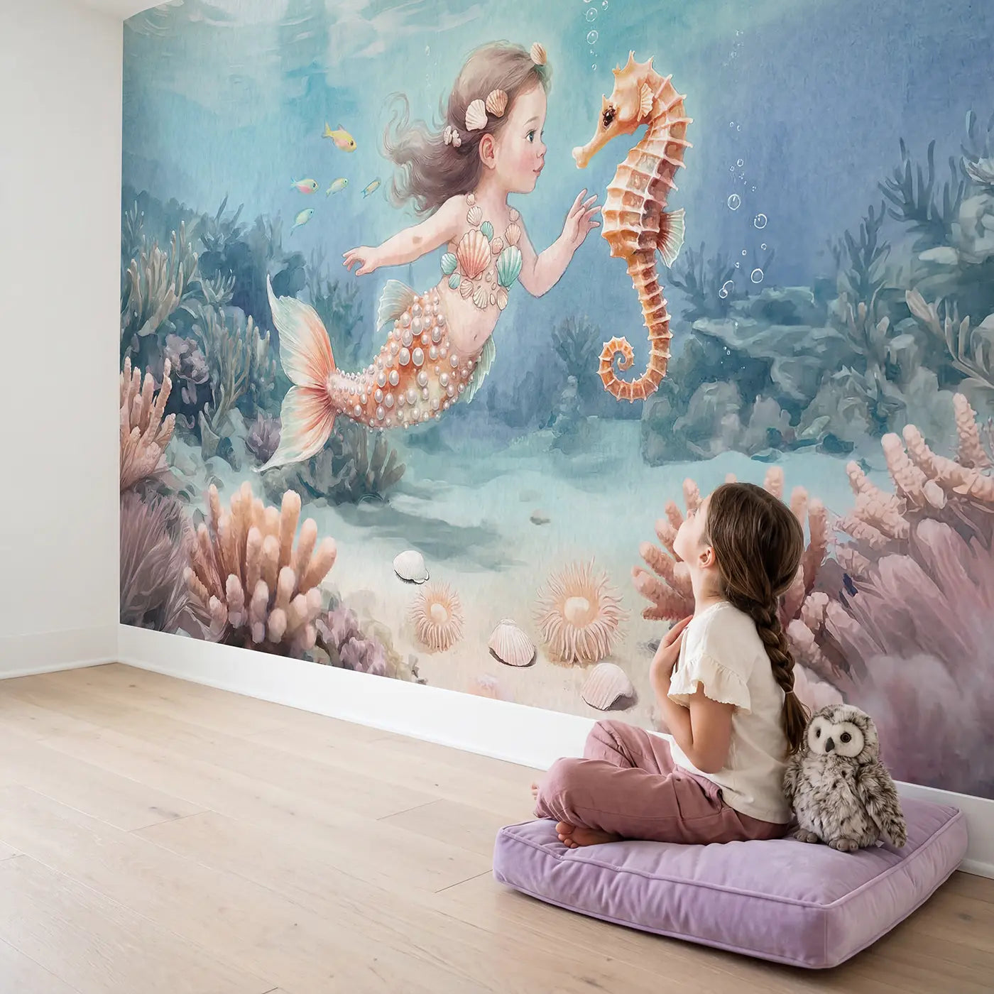 Child in nursery with Mermaid Seahorse Companions Wallpaper Mural by Whimsy Tots