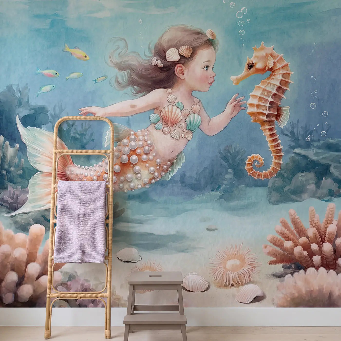 Mermaid Seahorse Companions Wallpaper Mural in playroom setting by Whimsy Tots