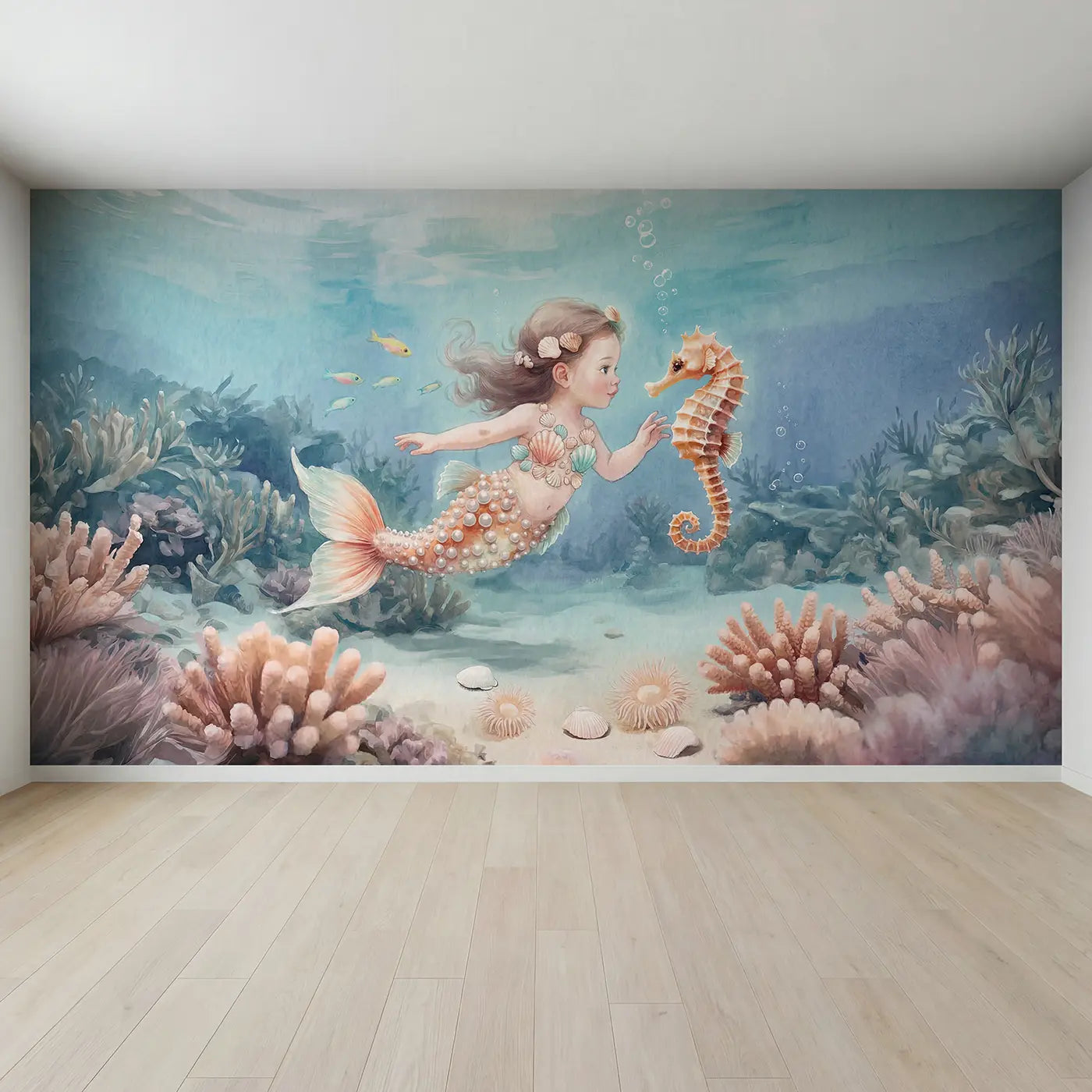 Full view of Mermaid Seahorse Companions Wallpaper Mural by Whimsy Tots
