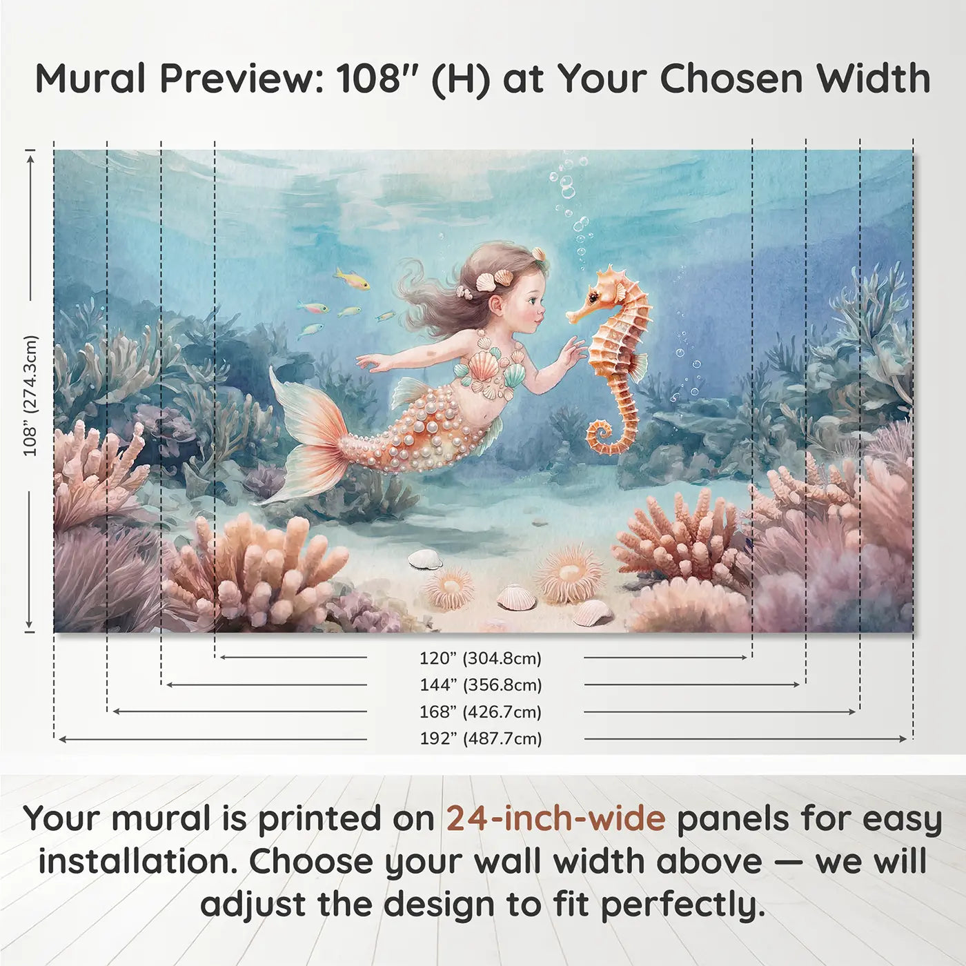 Panel layout and dimensions for Mermaid Seahorse Companions Wallpaper Mural by Whimsy Tots