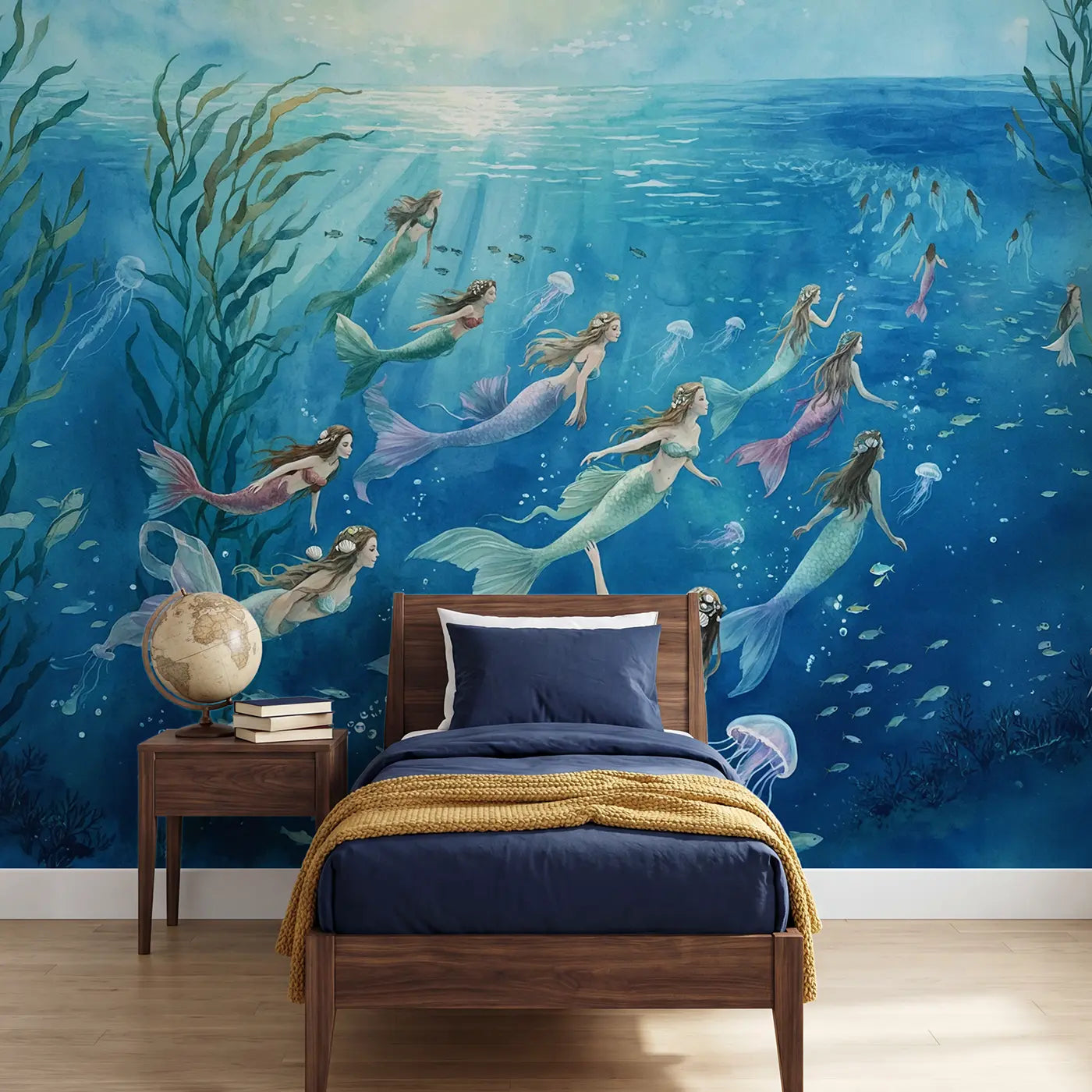 Watercolor mermaid and shell wallpaper mural for kids room by Whimsy Tots