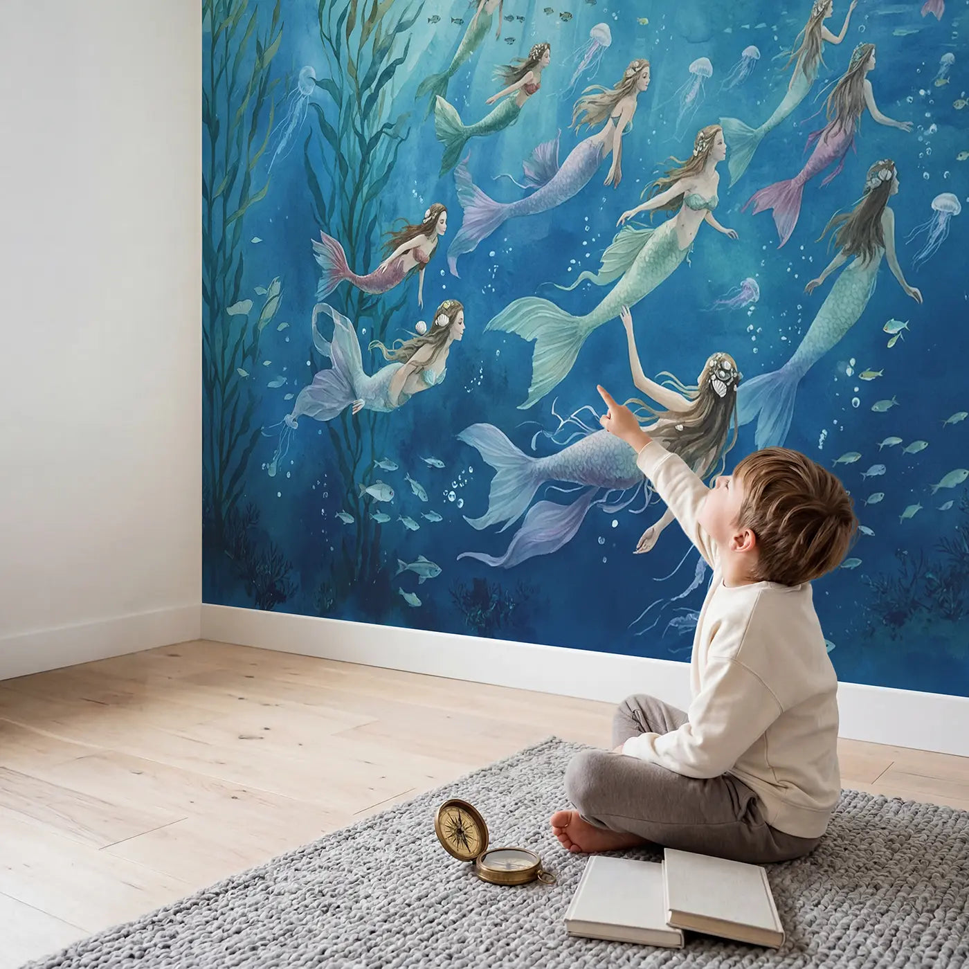 Child in nursery with Mermaid Ocean Migration Wallpaper Mural by Whimsy Tots