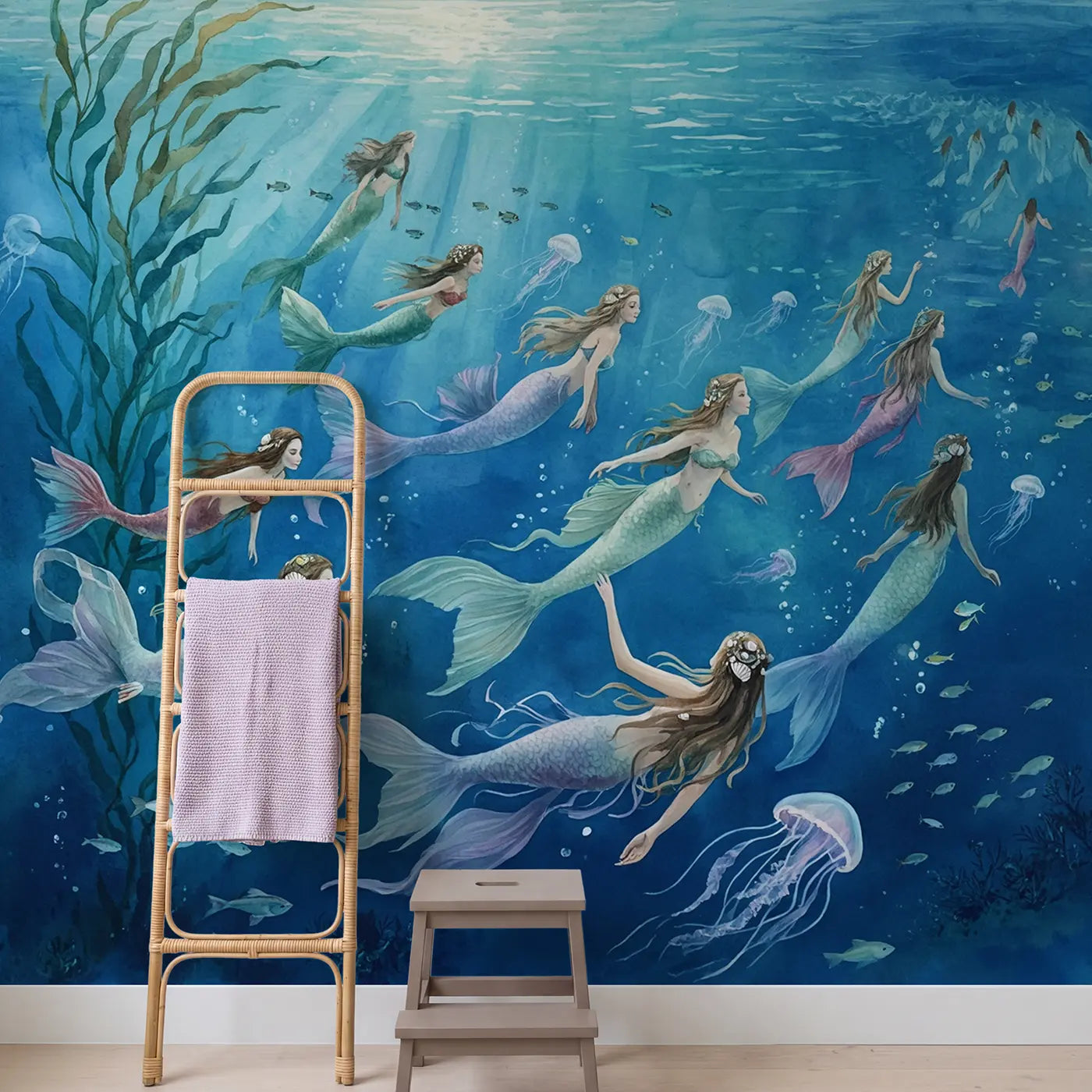 Mermaid Ocean Migration Wallpaper Mural in playroom setting by Whimsy Tots