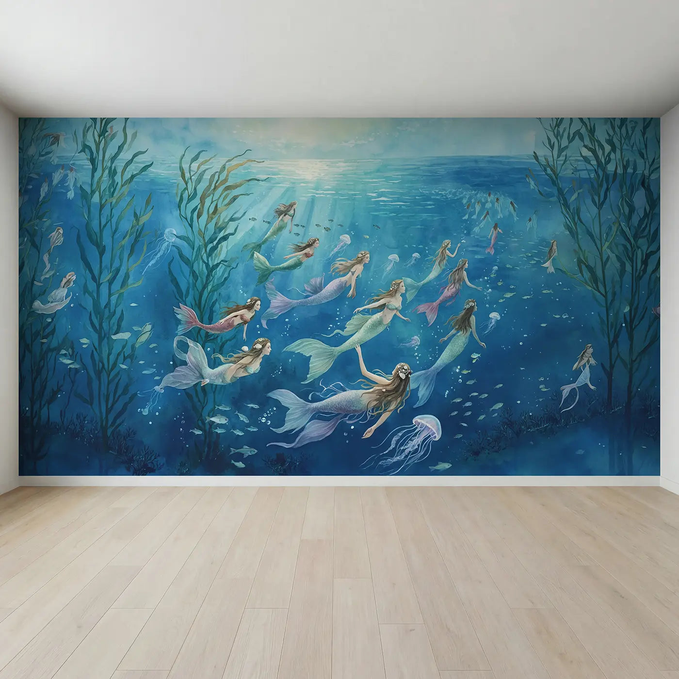 Full view of Mermaid Ocean Migration Wallpaper Mural by Whimsy Tots