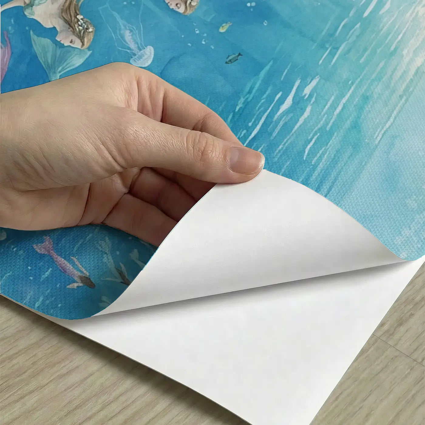 Peel-and-stick detail of Mermaid Ocean Migration Wallpaper Mural by Whimsy Tots