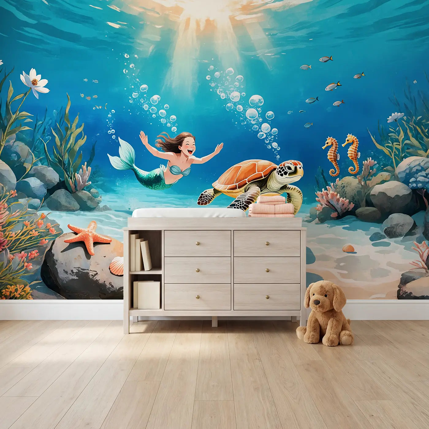 Soft pastel mermaid and shell wallpaper mural for girls room by Whimsy Tots
