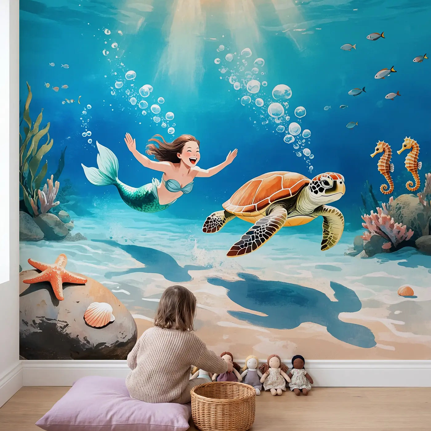 Child in nursery with Mermaid and Turtle Ocean Race Wallpaper Mural by Whimsy Tots