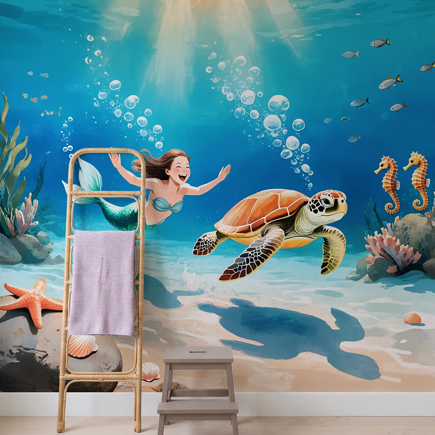 Mermaid and Turtle Ocean Race Wallpaper Mural in playroom setting by Whimsy Tots