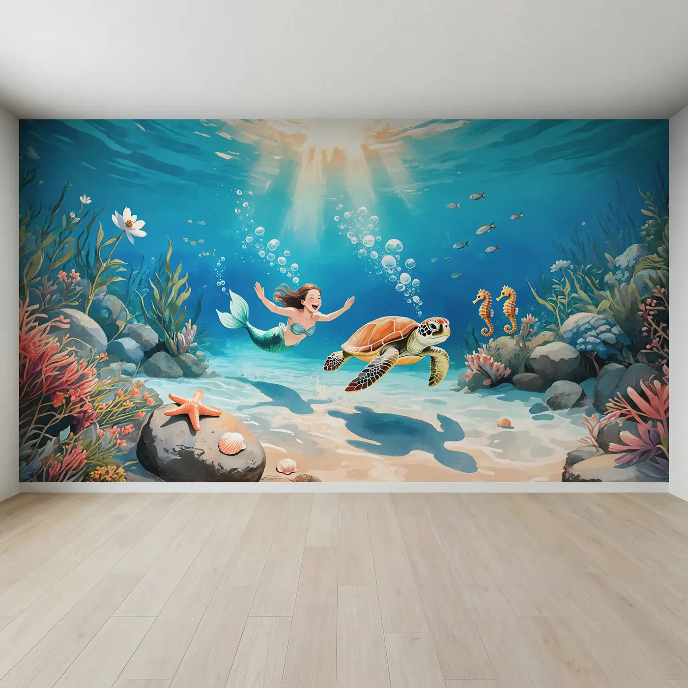 Full view of Mermaid and Turtle Ocean Race Wallpaper Mural by Whimsy Tots