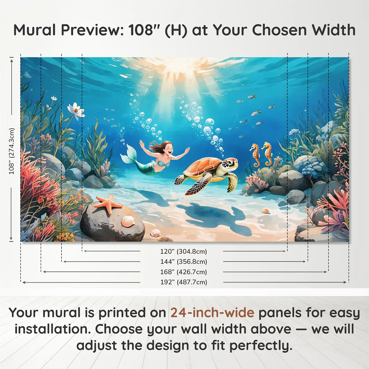 Panel layout and dimensions for Mermaid and Turtle Ocean Race Wallpaper Mural by Whimsy Tots