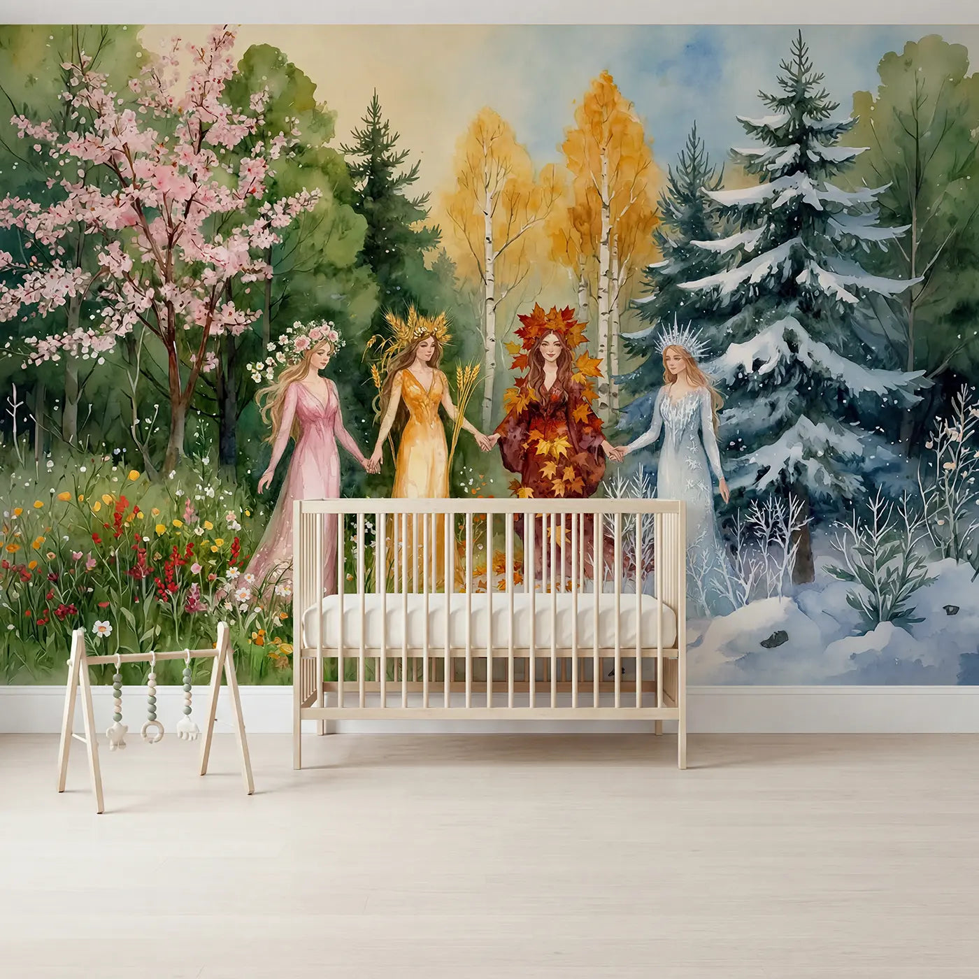 Watercolor fairy court four seasons wallpaper mural for kids room by Whimsy Tots