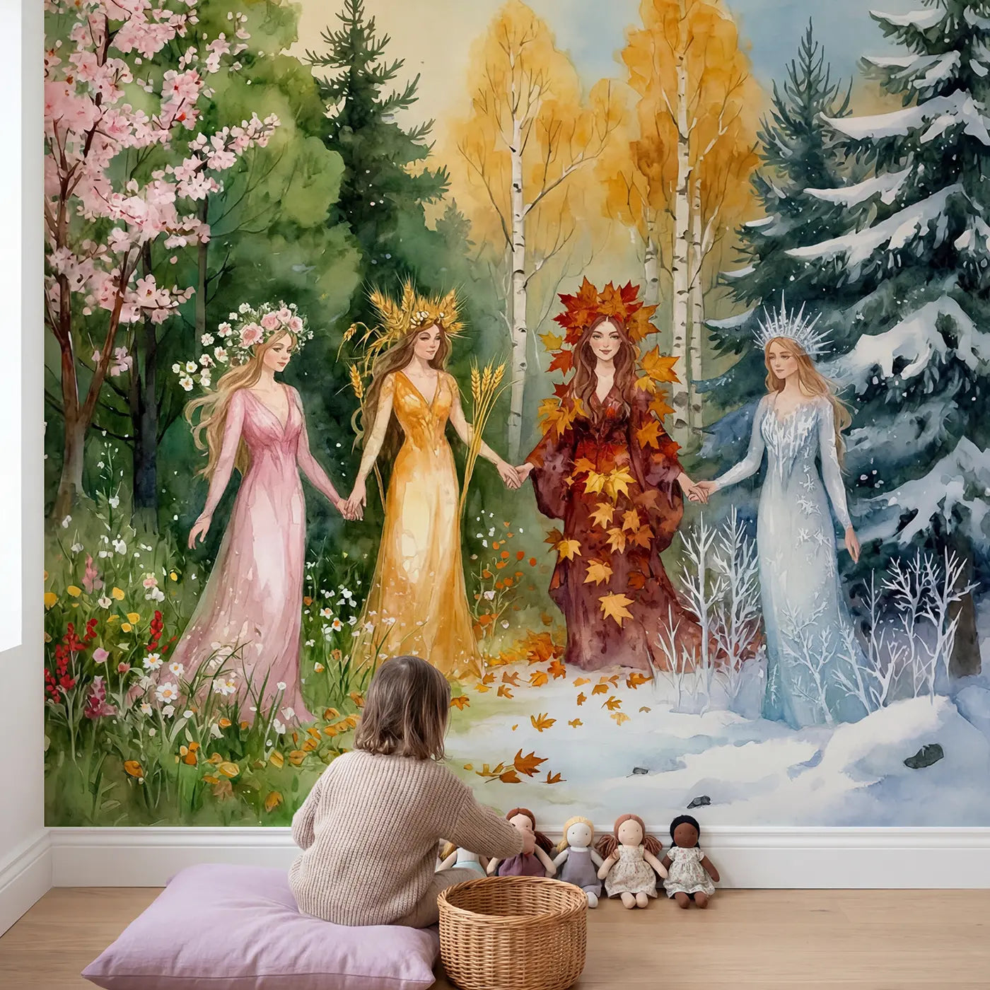 Child in nursery with Four Seasons Fairy Court Wallpaper Mural by Whimsy Tots