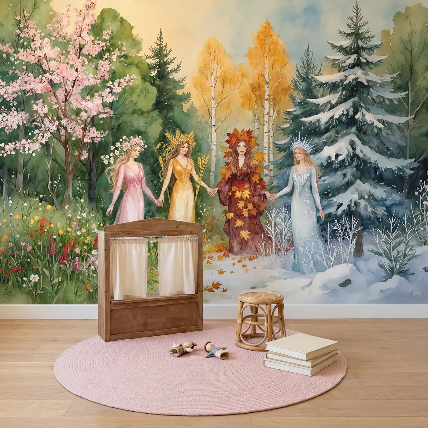 Four Seasons Fairy Court Wallpaper Mural in playroom setting by Whimsy Tots
