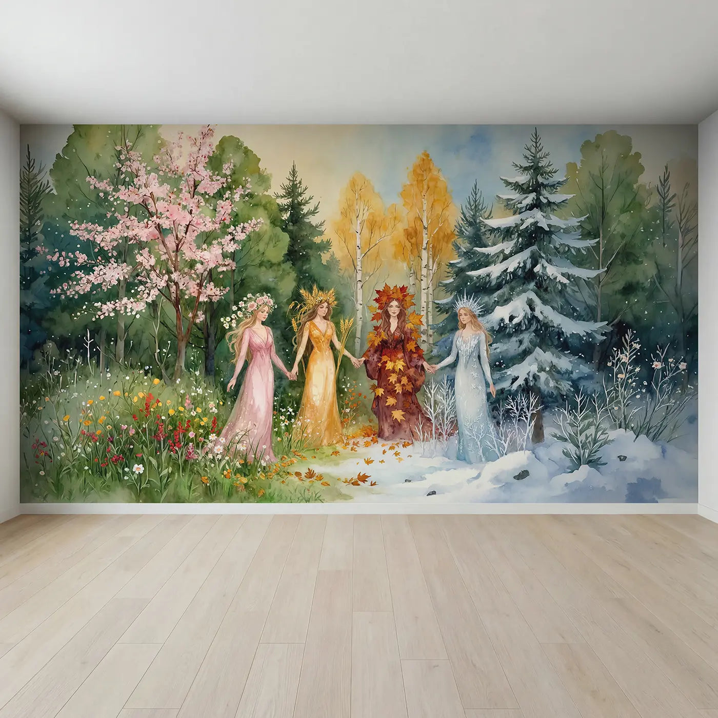 Full view of Four Seasons Fairy Court Wallpaper Mural by Whimsy Tots