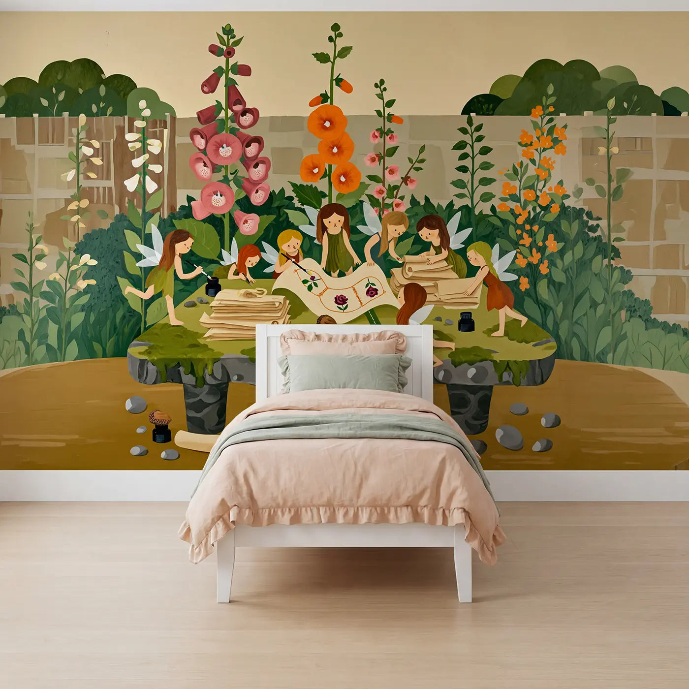 Modern illustration fairy toadstool garden wallpaper mural for girls room by Whimsy Tots