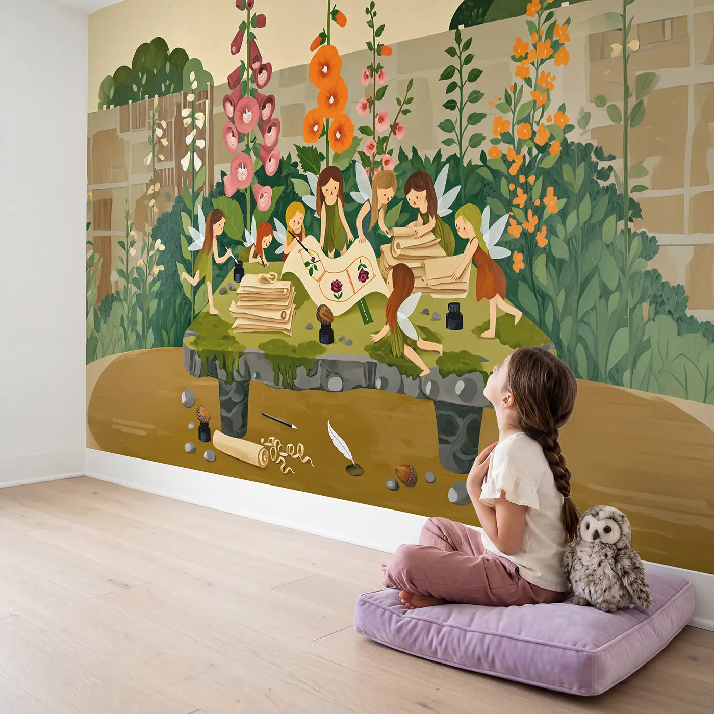 Child in nursery with Fairy Garden Mapmakers Wallpaper Mural by Whimsy Tots