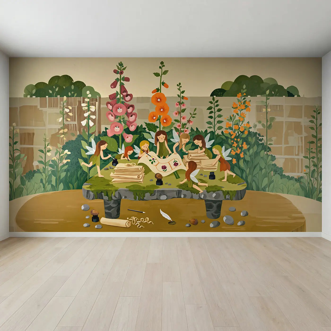 Full view of Fairy Garden Mapmakers Wallpaper Mural by Whimsy Tots