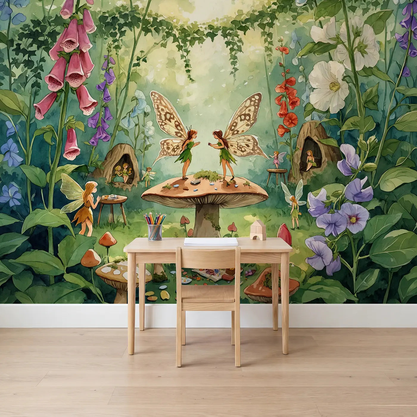 Watercolor fairy and wing wallpaper mural for kids room by Whimsy Tots