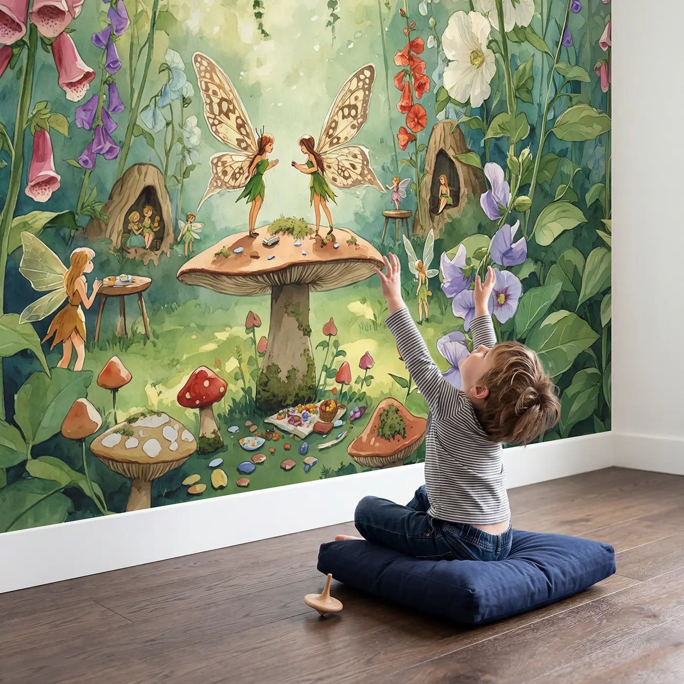 Child in nursery with Fairy Wing Pattern Garden Wallpaper Mural by Whimsy Tots