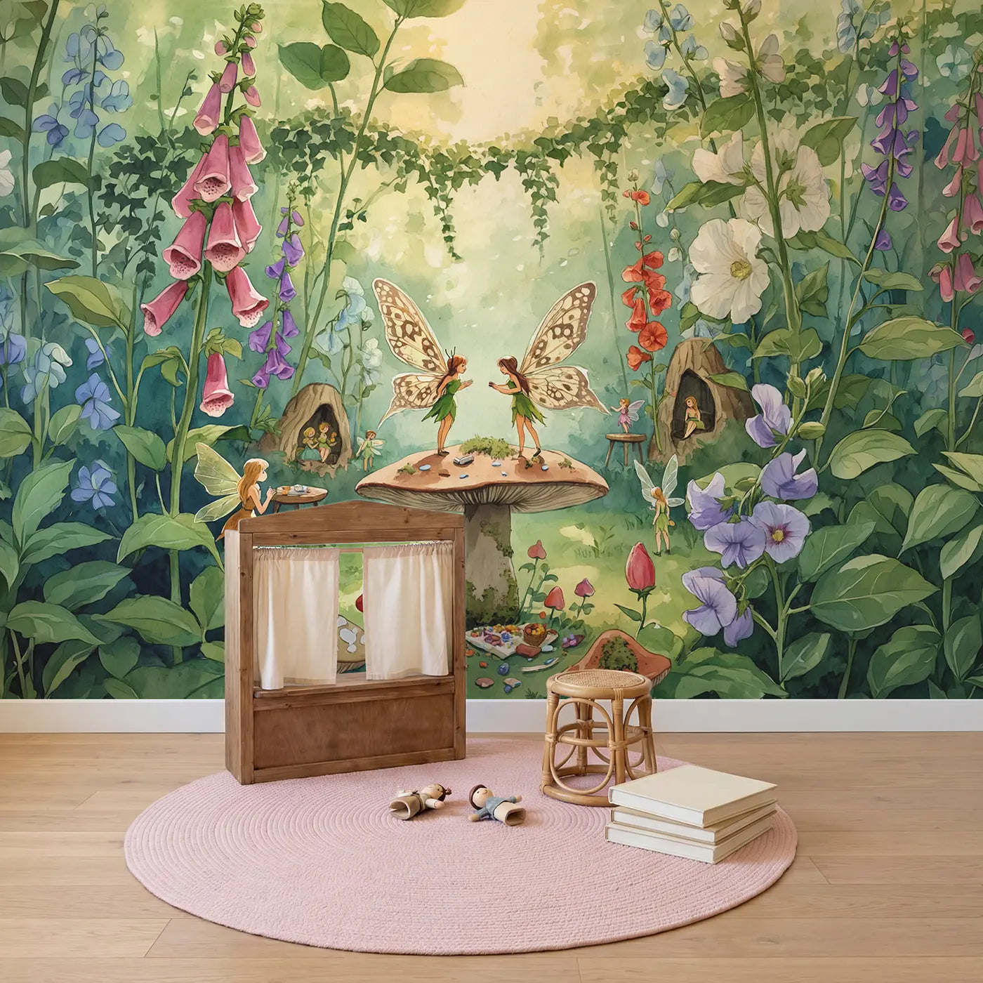 Fairy Wing Pattern Garden Wallpaper Mural in playroom setting by Whimsy Tots