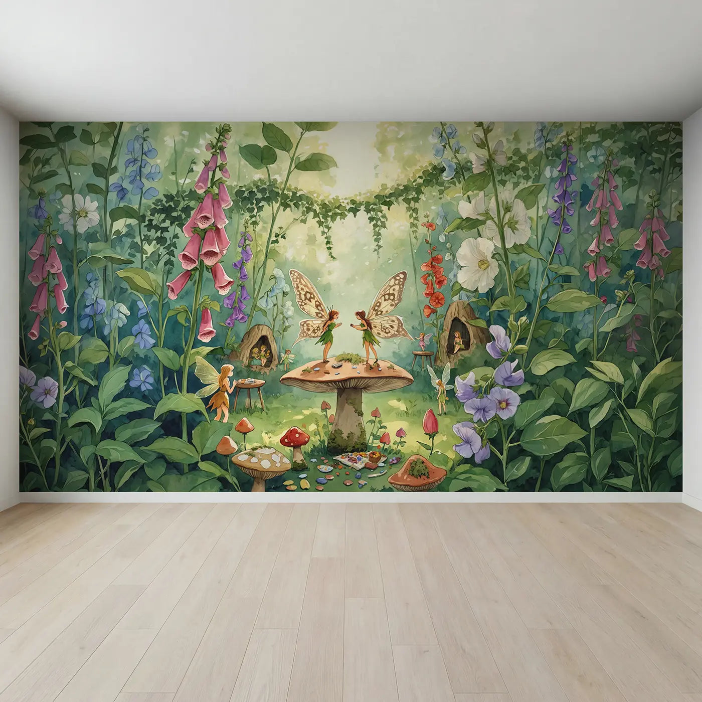 Full view of Fairy Wing Pattern Garden Wallpaper Mural by Whimsy Tots