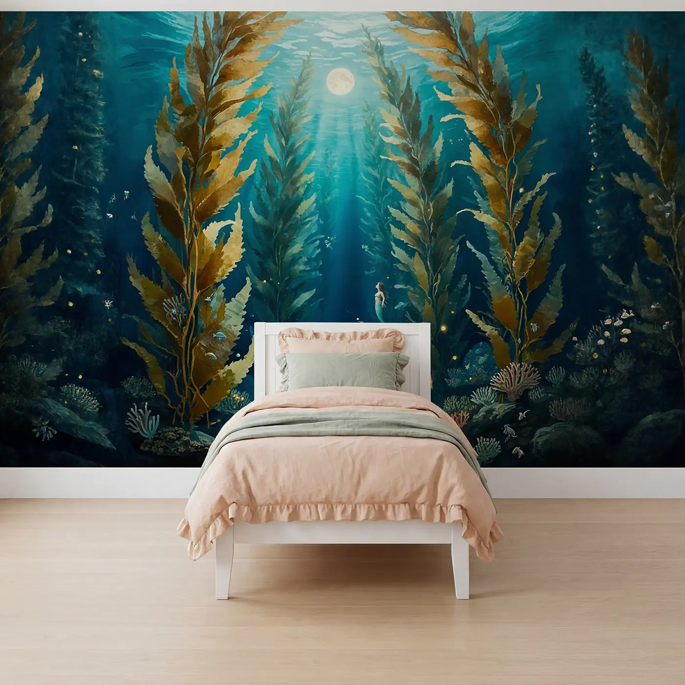 Soft pastel mermaid fantasy wallpaper mural for kids room by Whimsy Tots