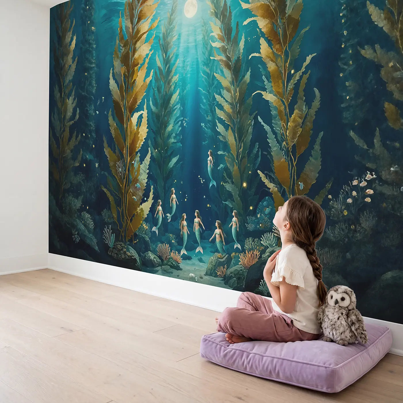 Child in nursery with Kelp Cathedral Moonlight Wallpaper Mural by Whimsy Tots