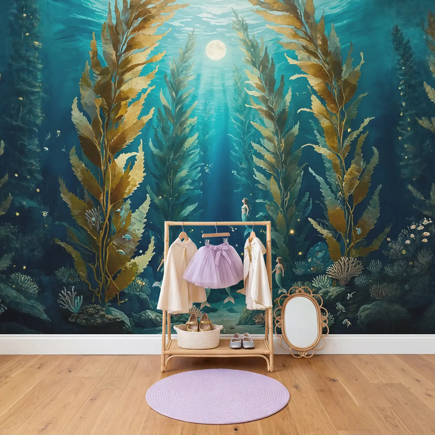 Kelp Cathedral Moonlight Wallpaper Mural in playroom setting by Whimsy Tots
