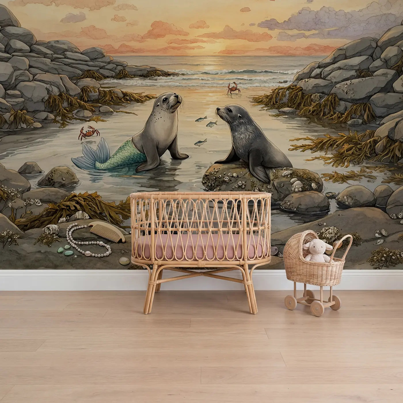 Storybook mermaid and shell wallpaper mural for girls room by Whimsy Tots
