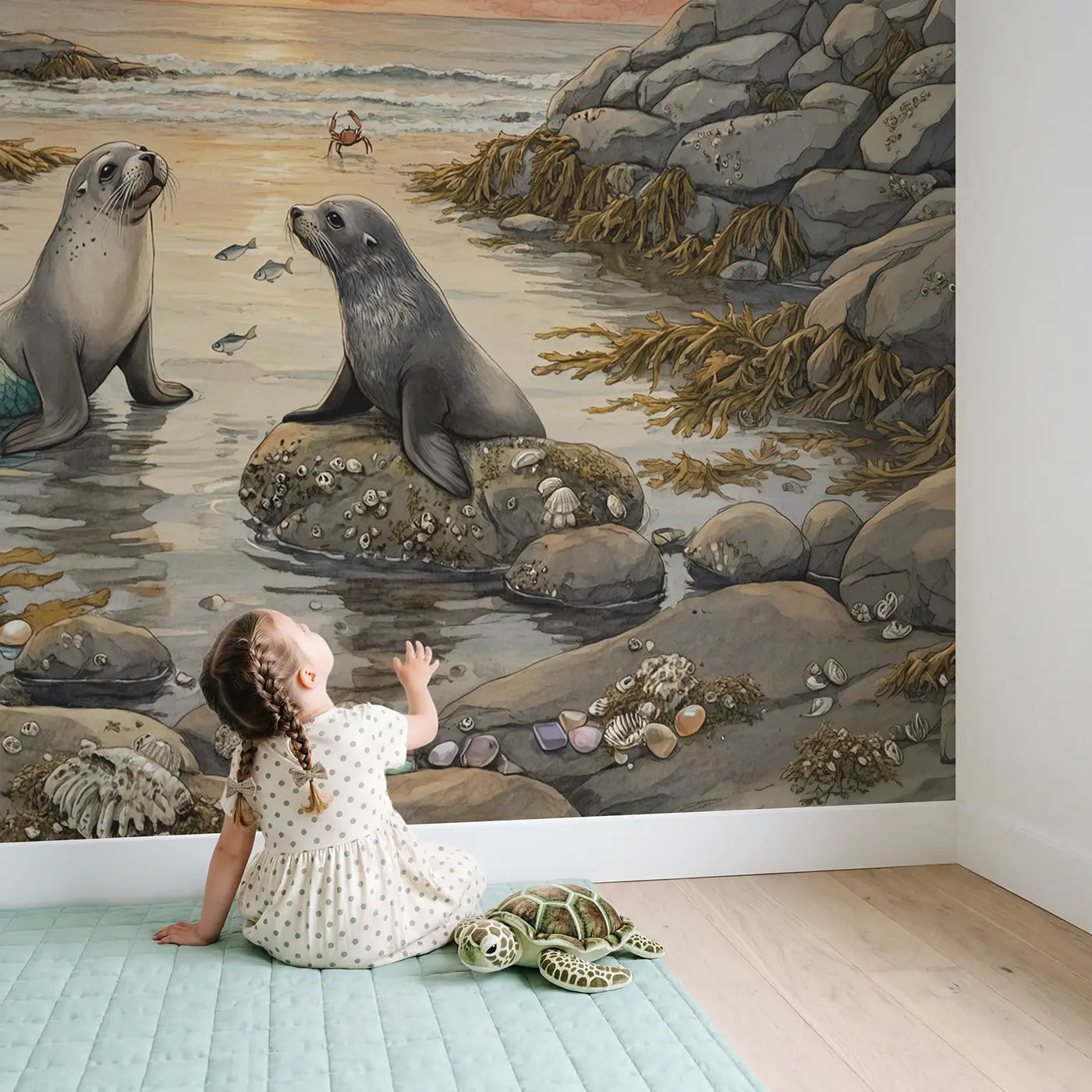 Child in nursery with Mermaid and Selkie Shore Meet Wallpaper Mural by Whimsy Tots