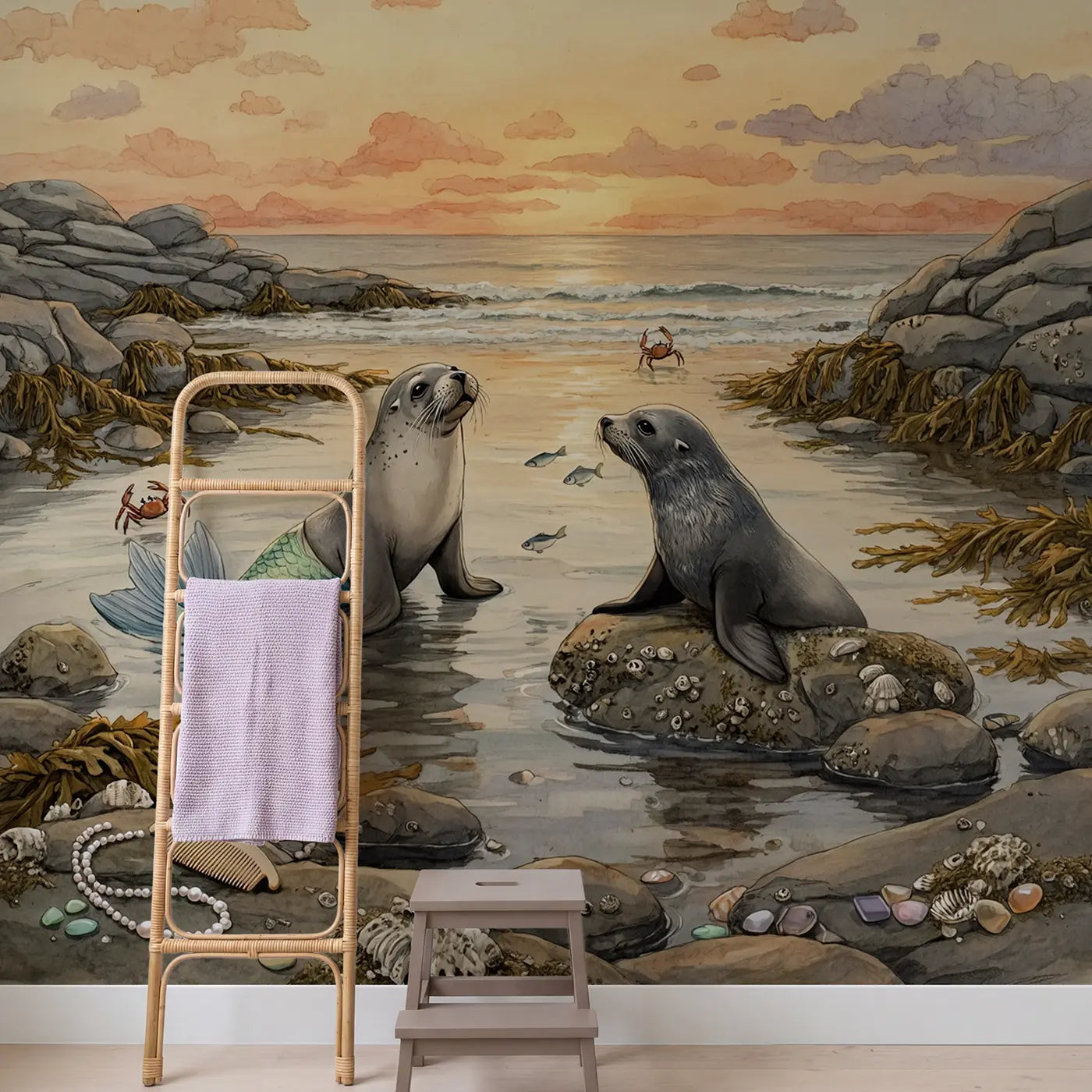Mermaid and Selkie Shore Meet Wallpaper Mural in playroom setting by Whimsy Tots