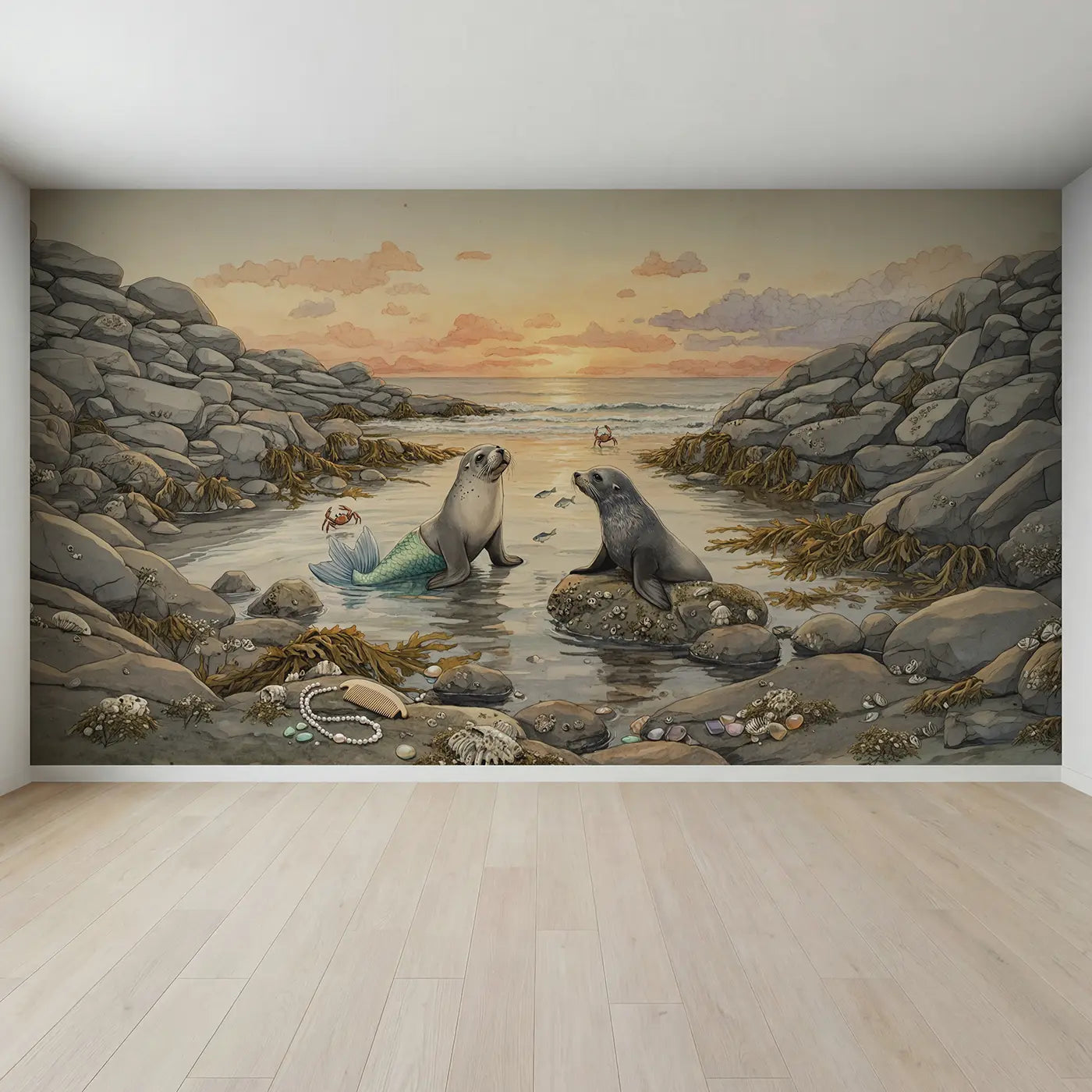 Full view of Mermaid and Selkie Shore Meet Wallpaper Mural by Whimsy Tots