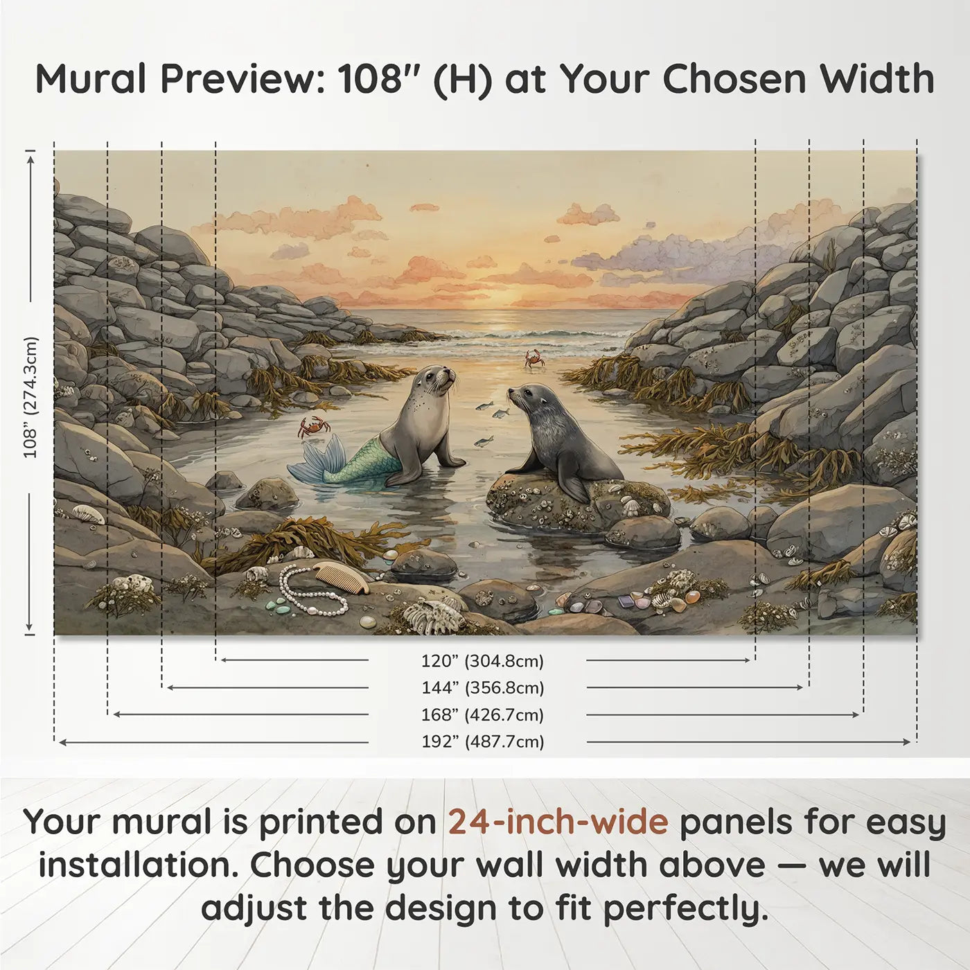 Panel layout and dimensions for Mermaid and Selkie Shore Meet Wallpaper Mural by Whimsy Tots