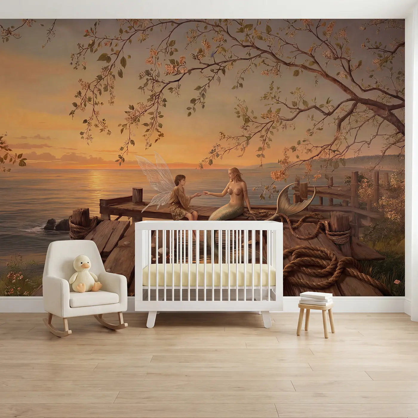 Botanical elegance mermaid fairy shoreline wallpaper mural for kids room by Whimsy Tots