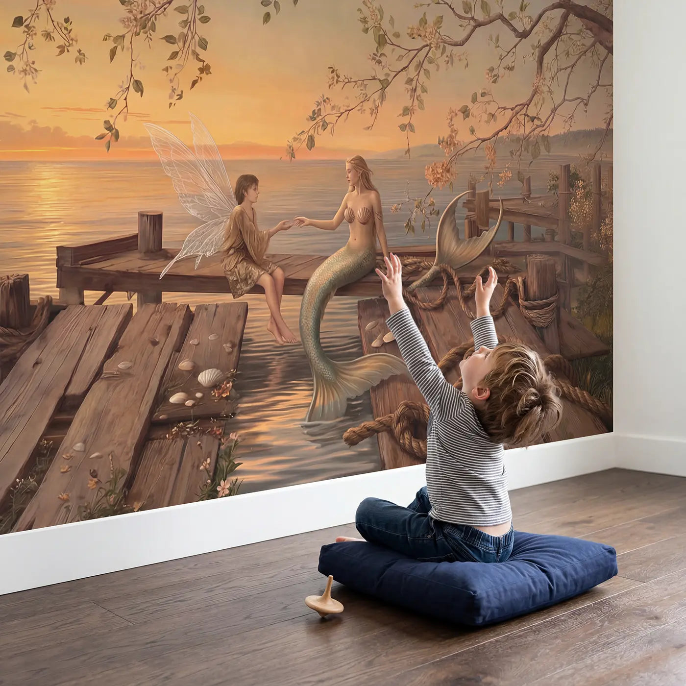 Child in nursery with Mermaid Fairy Meeting Shoreline Wallpaper Mural by Whimsy Tots