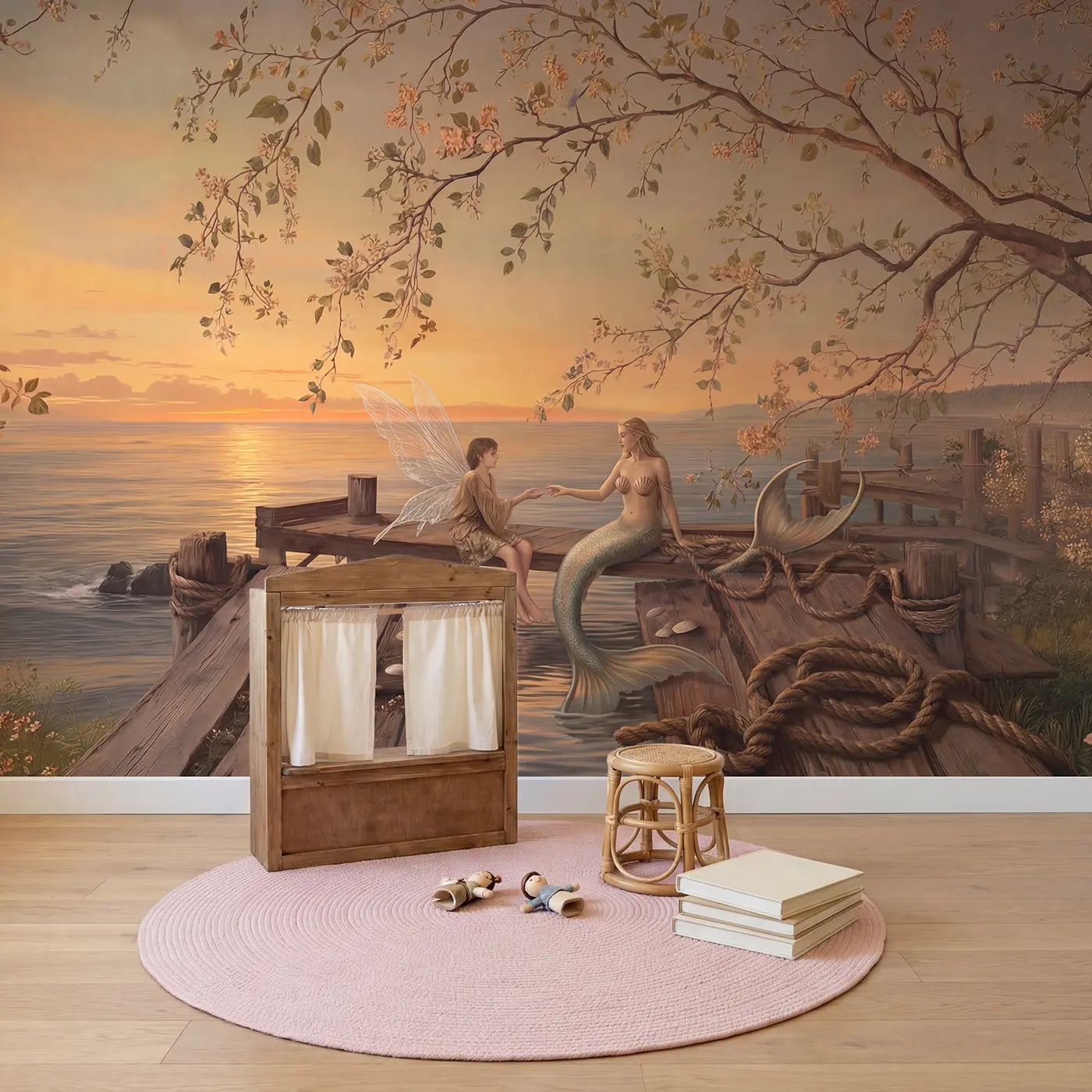 Mermaid Fairy Meeting Shoreline Wallpaper Mural in playroom setting by Whimsy Tots