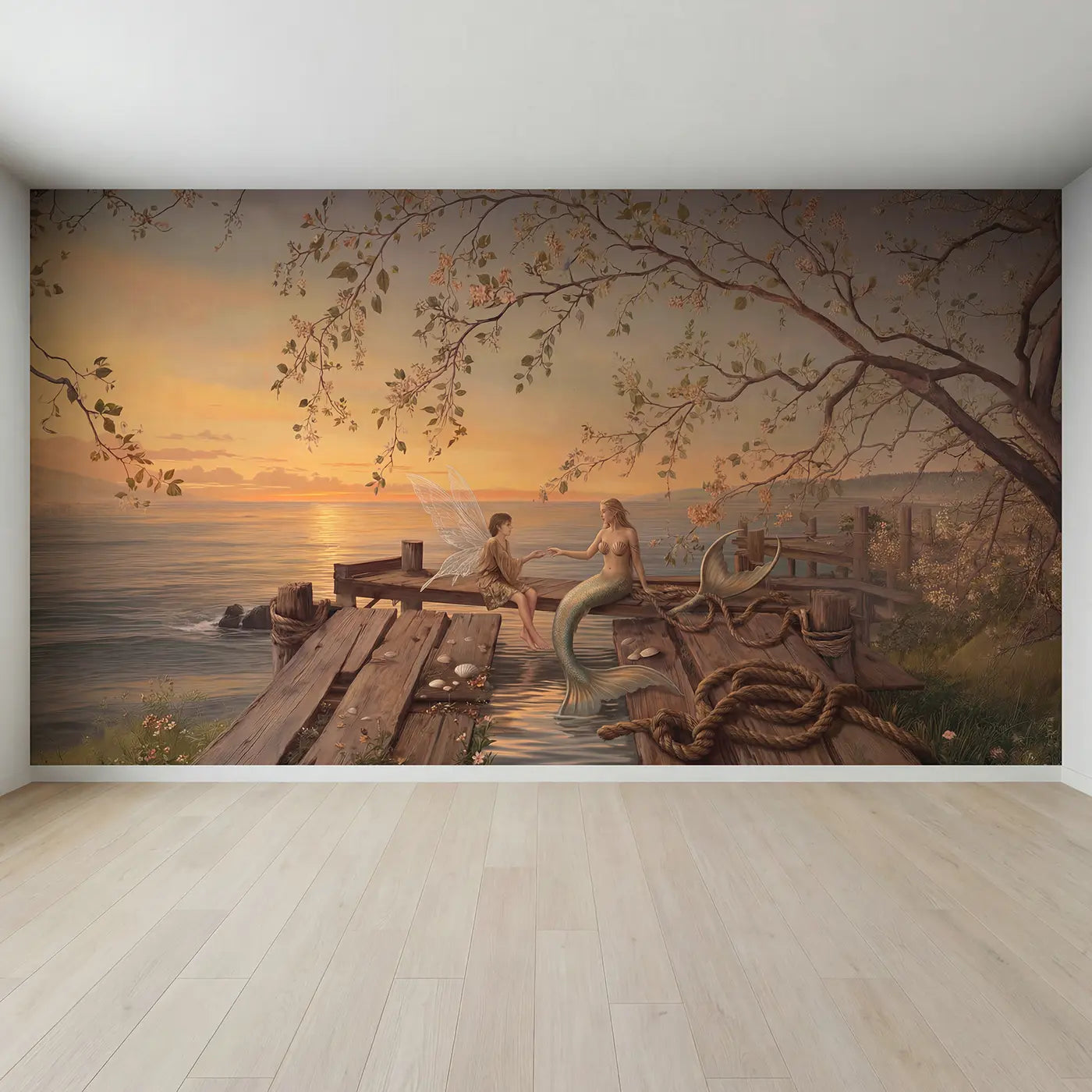Full view of Mermaid Fairy Meeting Shoreline Wallpaper Mural by Whimsy Tots