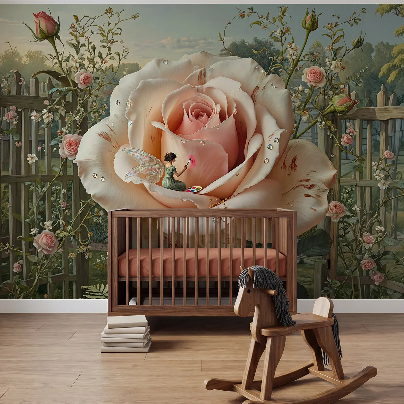 Botanical elegance fairy petal painter wallpaper mural for kids room by Whimsy Tots