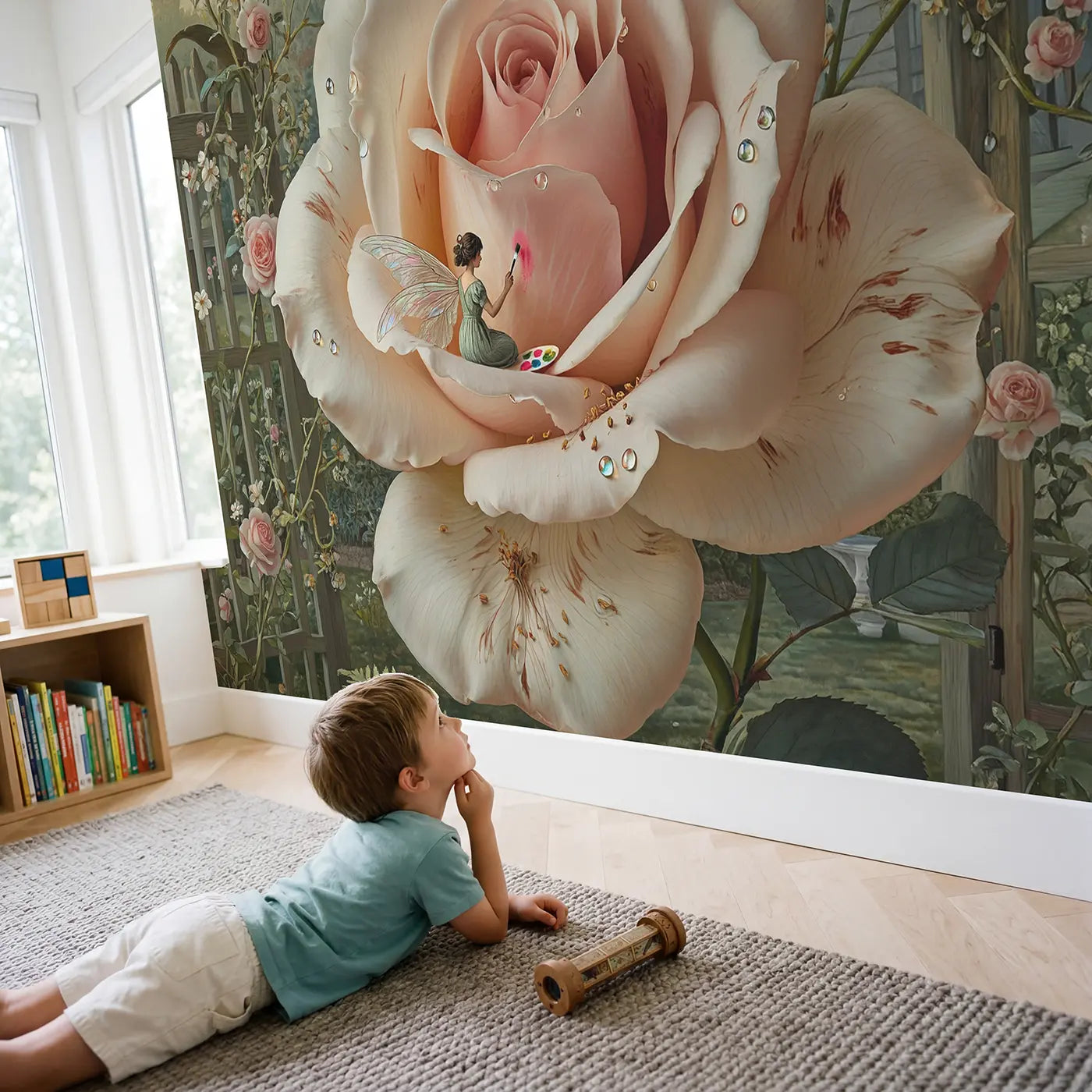 Child in nursery with Fairy Petal Painter Wallpaper Mural by Whimsy Tots
