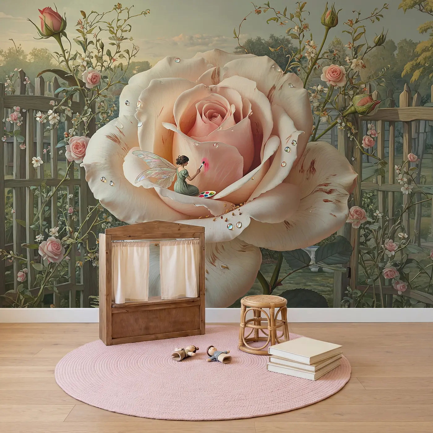 Fairy Petal Painter Wallpaper Mural in playroom setting by Whimsy Tots
