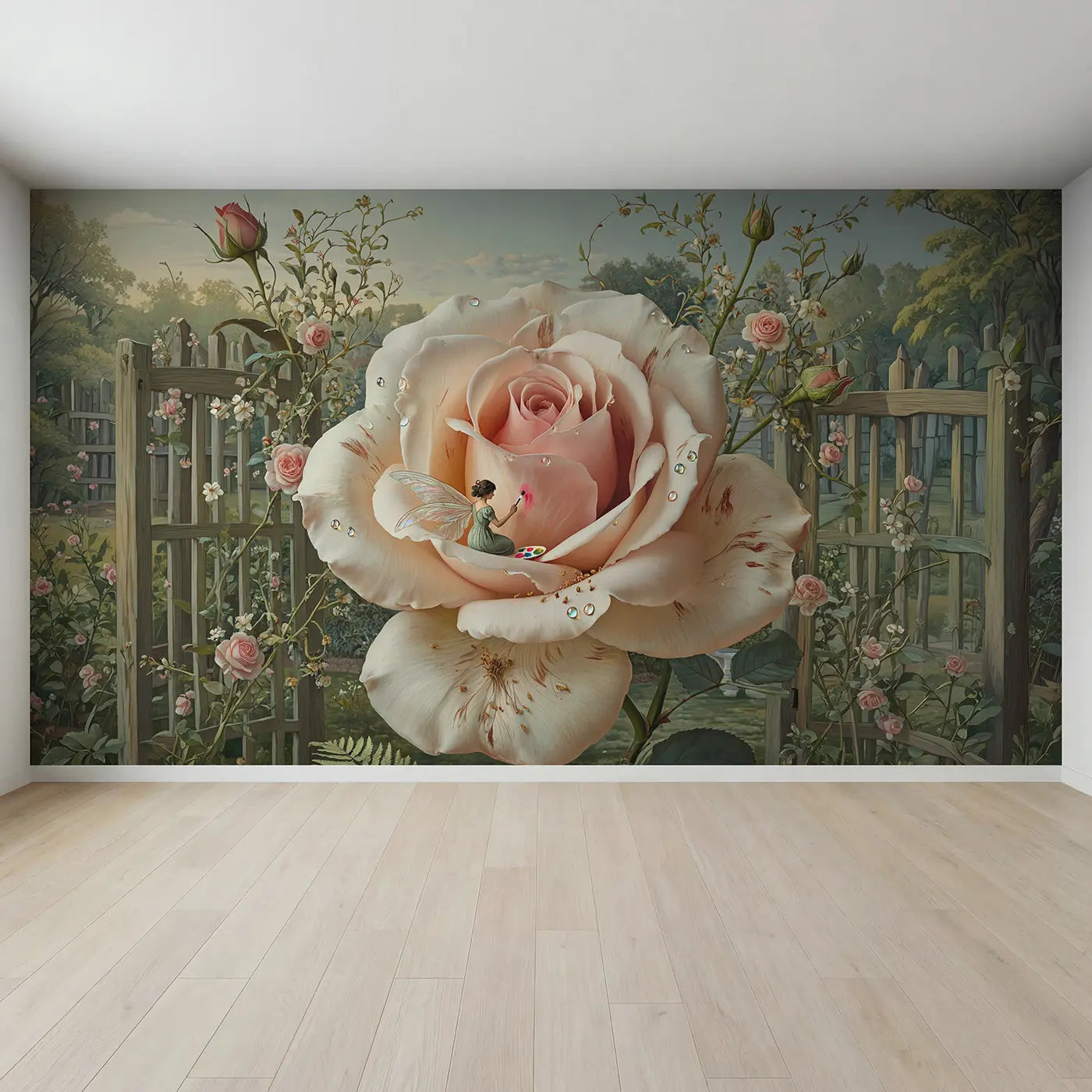 Full view of Fairy Petal Painter Wallpaper Mural by Whimsy Tots