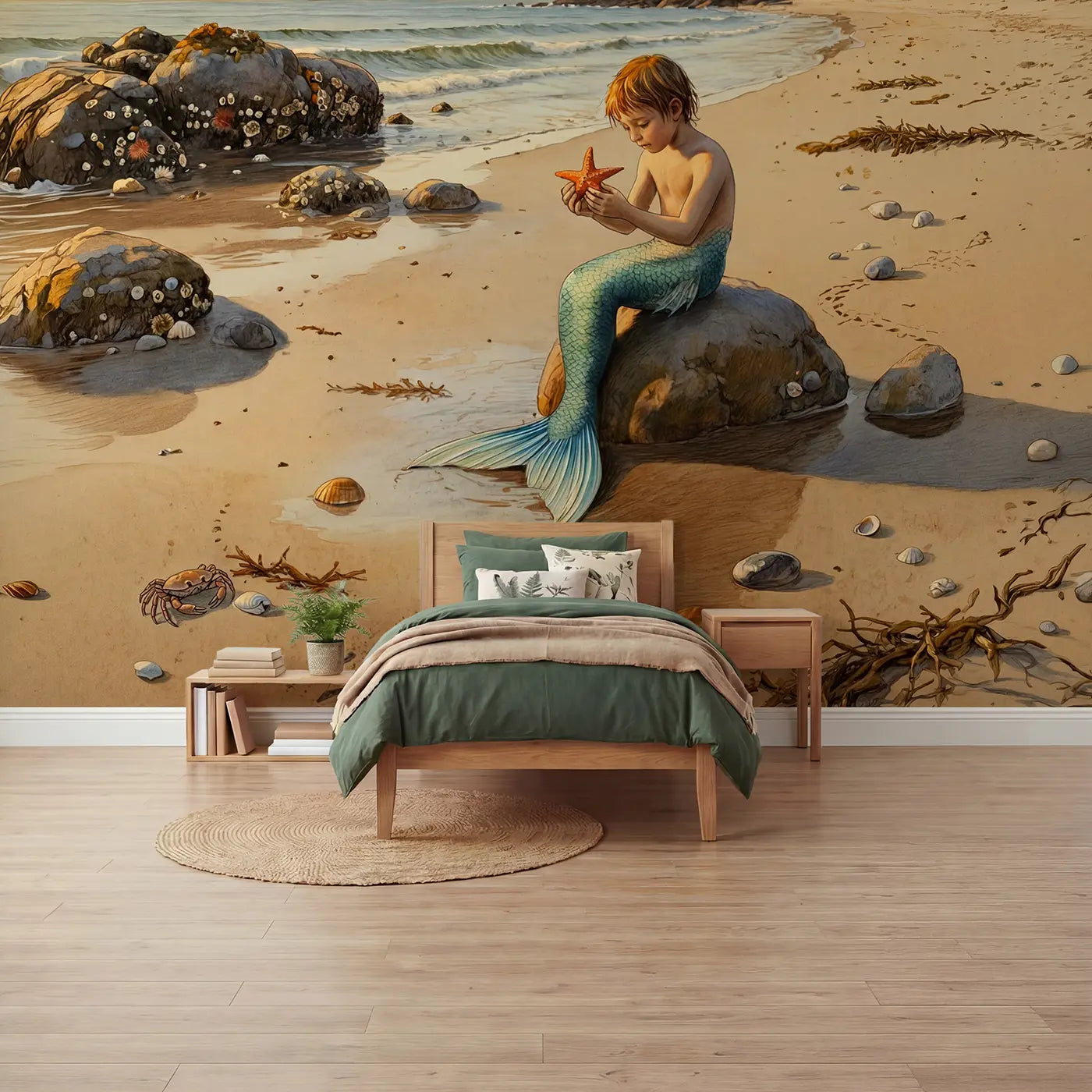 Storybook mermaid shore shells wallpaper mural for boys room by Whimsy Tots