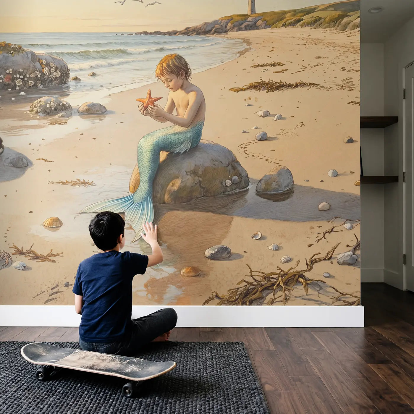 Child in nursery with Mermaid on Shore Wallpaper Mural by Whimsy Tots