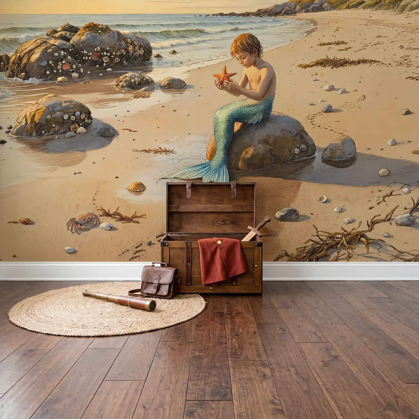 Mermaid on Shore Wallpaper Mural in playroom setting by Whimsy Tots