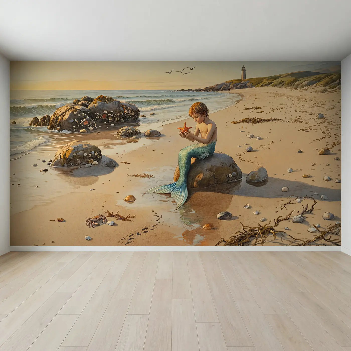 Full view of Mermaid on Shore Wallpaper Mural by Whimsy Tots