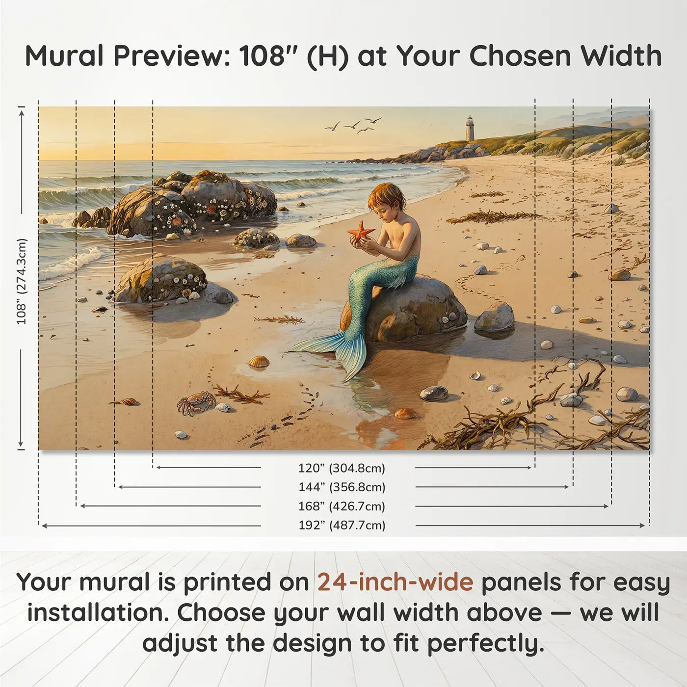 Panel layout and dimensions for Mermaid on Shore Wallpaper Mural by Whimsy Tots